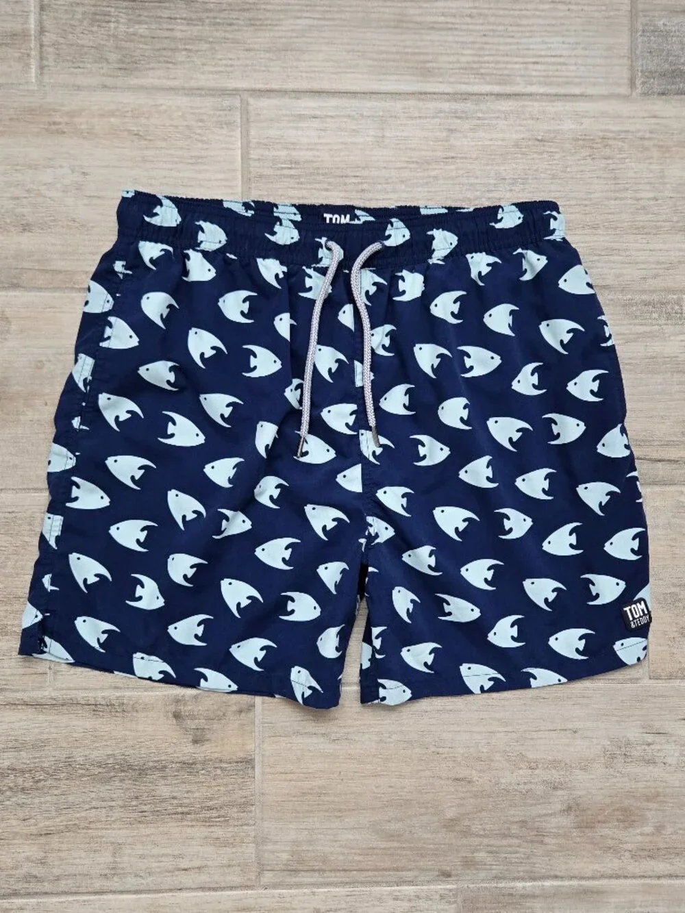 Tom & Teddy Angelfish Swim Trunks Mens Mesh Lined Drawstring Waist Flap Pocket L